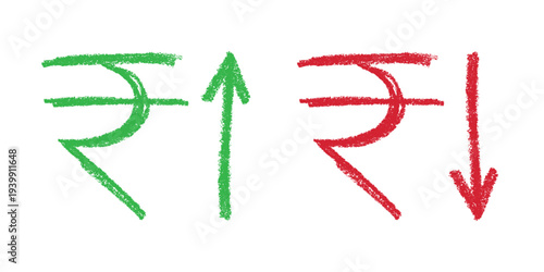 Hand drawn rupee currency symbol Growth and fall profit with arrow up and down Brush stroke doodle Element for design