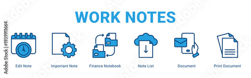 Work Notes web banner icon concept,  with Edit Note, Important Note, Finance Notebook, Note List, Document, Print Documen.