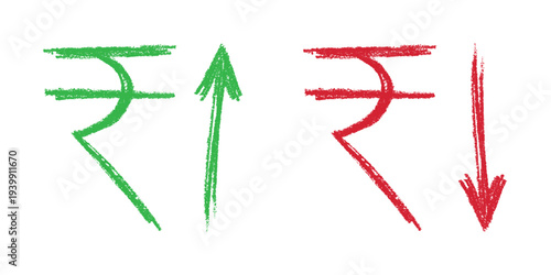 Hand drawn rupee currency symbol Growth and fall profit with arrow up and down Brush stroke doodle Element for design