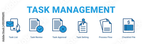 Task Management web banner icon concept,  with Task List, Task Review, Task Approval, Task Setting, Process Flow, Checklist File.