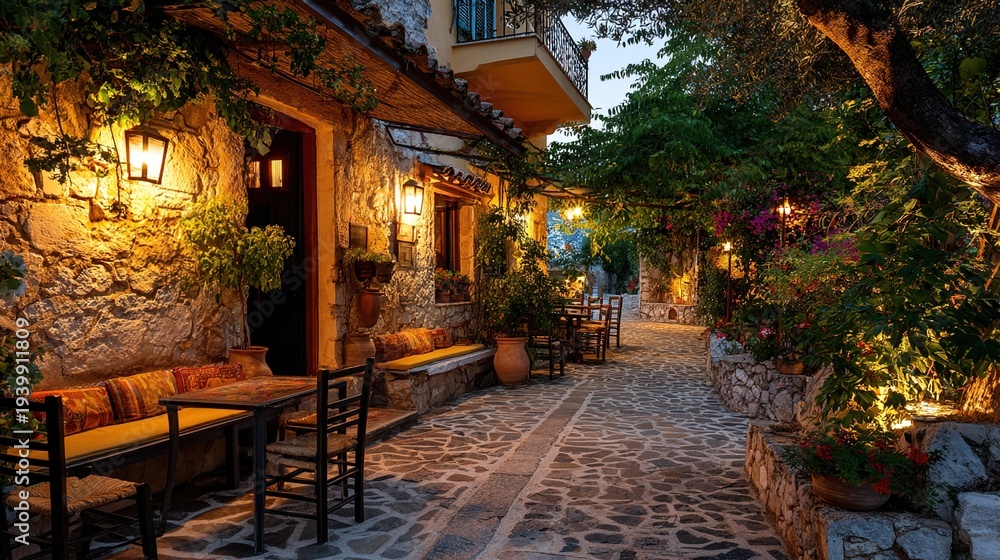 Fototapeta premium taverna. Warm twilight at a taverna entrance with golden light on a stone path. tourism brochures, itinerary planners, designed for hospitality marketing for hotel rooms and spa retreats.