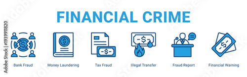 Financial Crime web banner icon concept,  with Bank Fraud, Money Laundering, Tax Fraud, Illegal Transfer, Fraud Report, Financial Warning.