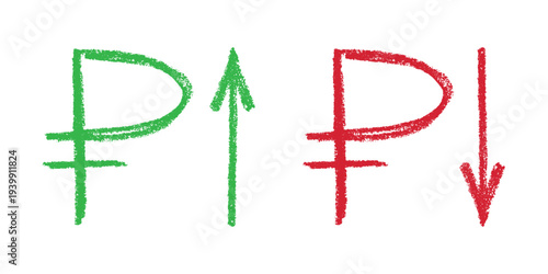 Hand drawn russian ruble currency symbol Growth and fall profit with arrow up and down Brush stroke doodle Element for design