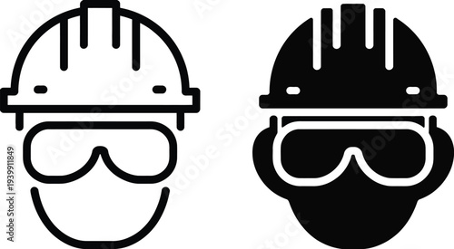 Minimalist line of two faces with safety helmets and goggles