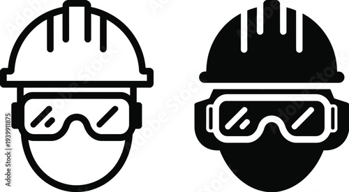 Minimalist line of two workers with helmets and goggles