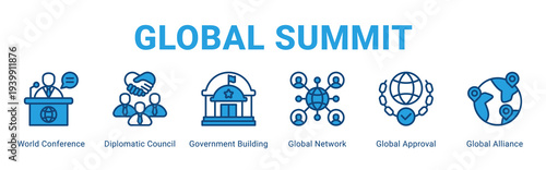 Global Summit web banner icon concept,  with World Conference, Diplomatic Council, Government Building, Global Network, Global Approval, Global.
