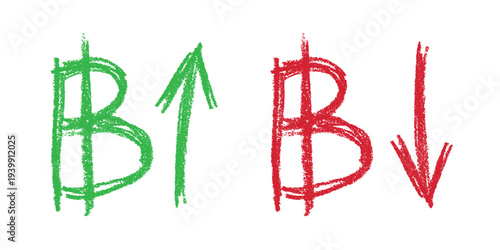 Hand drawn thai baht currency symbol Growth and fall profit with arrow up and down Brush stroke doodle Element for design