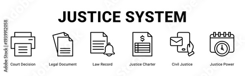 Justice System web banner icon concept,  with Court Decision, Legal Document, Law Record, Justice Charter, Civil Justice, Justice Power.