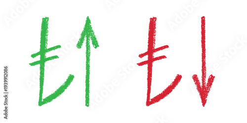 Hand drawn turkish lira currency symbol Growth and fall profit with arrow up and down Brush stroke doodle Element for design