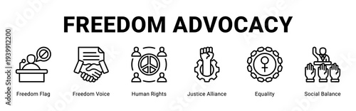 Freedom Advocacy web banner icon concept,  with Freedom Flag, Freedom Voice, Human Rights, Justice Alliance, Equality, Social Balance.