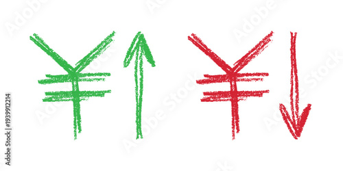 Hand drawn yen currency symbol Growth and fall profit with arrow up and down Brush stroke doodle Element for design