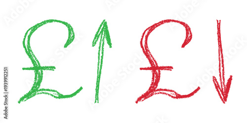 Hand drawn british pound currency symbol Growth and fall profit with arrow up and down Brush stroke doodle Element for design