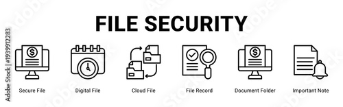 File Security web banner icon concept,  with Secure File, Digital File, Cloud File, File Record, Document Folder, Important Note.