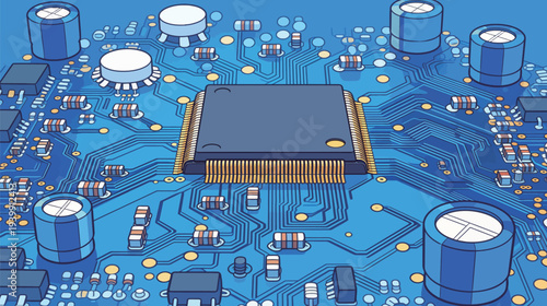 A close view of a microchip placed on a blue circuit board with various electronic parts and connections around it.