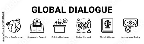 Global Dialogue web banner icon concept,  with World Conference, Diplomatic Council, Political Dialogue, Global Network, Global Alliance, Interna.
