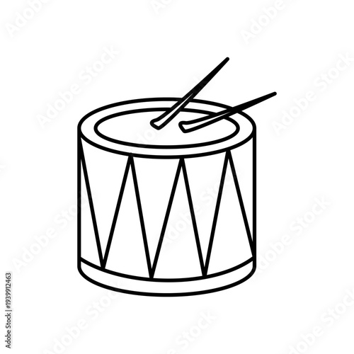 Drum line icon with drumstick, percussion instrument outline symbol, minimalist vector pictogram for music rhythm, marching band, and performance concept