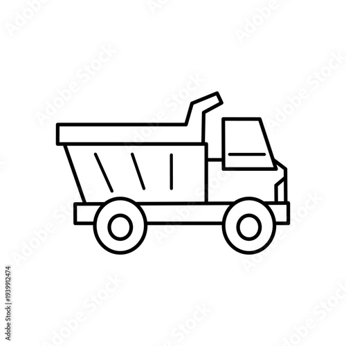 Dump truck line icon, heavy tipper construction vehicle outline symbol, minimalist vector pictogram for building industry, mining transport, and hauling materials