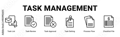 Task Management web banner icon concept,  with Task List, Task Review, Task Approval, Task Setting, Process Flow, Checklist File.