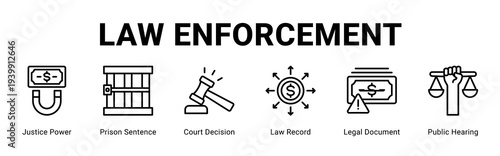 Law Enforcement web banner icon concept,  with Justice Power, Prison Sentence, Court Decision, Law Record, Legal Document, Public Hearing.