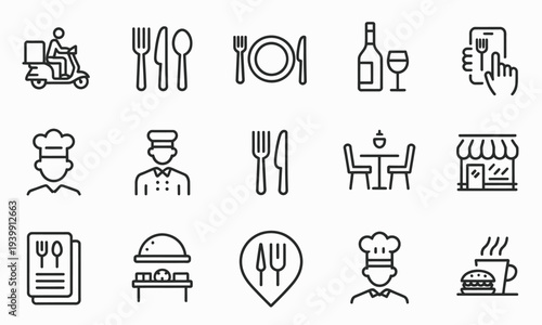 Set of 15 minimalist black line related to food and dining