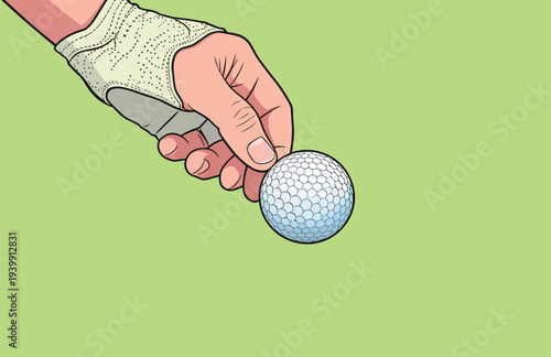 A hand with a glove grips a golf ball, ready to take a shot on the green during a golf game or practice.