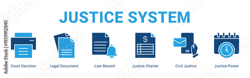 Justice System web banner icon concept,  with Court Decision, Legal Document, Law Record, Justice Charter, Civil Justice, Justice Power.