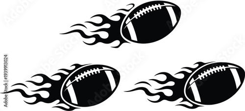 Three black and white footballs with tribal flame