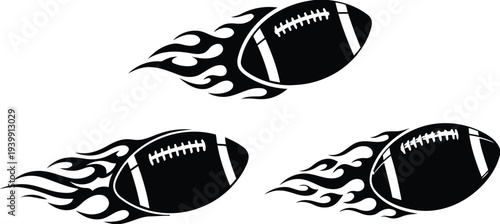 Three black footballs with flame effects in silhouette