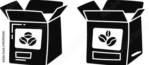 Two black and white coffee bags with open tops and coffee bean