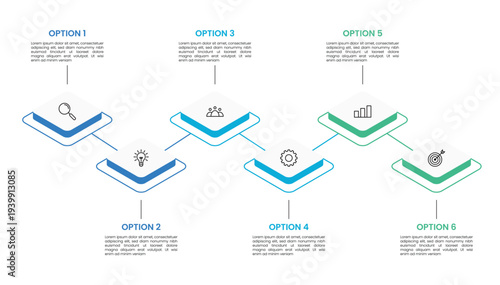 6 step, option, stage or process timeline diagram isometric infographic design with icons. 