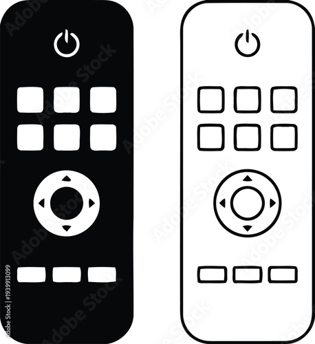 Two black and white remote controls with buttons and circular navigation pad