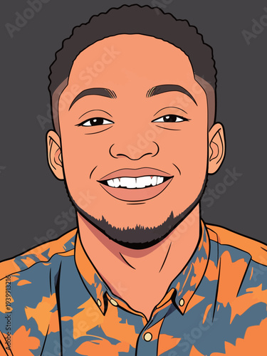 A man is smiling and wearing a brightly colored shirt in a digital drawing style against a dark background.
