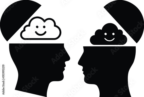 Two people with different moods represented by clouds on their heads