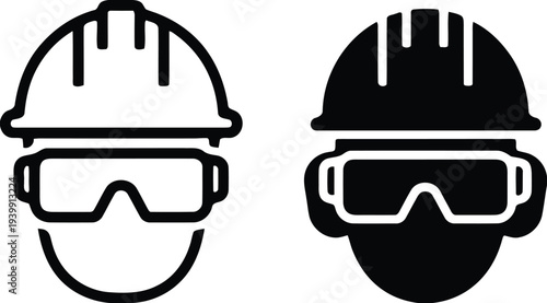 Two workers wearing hard hats and safety goggles in black and white