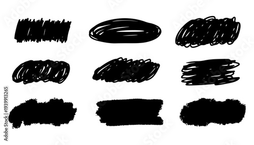 Set of nine hand-drawn black scribble shapes and brush strokes on a white background, useful as graphic elements or text highlighters.