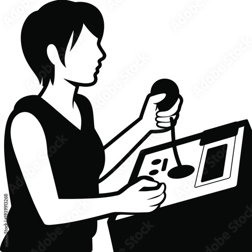 Woman holding a microphone and a tablet in a black and white silhouette