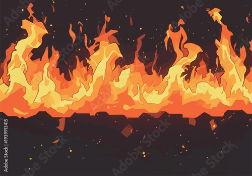 Flames rise from a dark base, moving upward in a lively way. The colors mix, creating a vibrant scene of fire and heat.