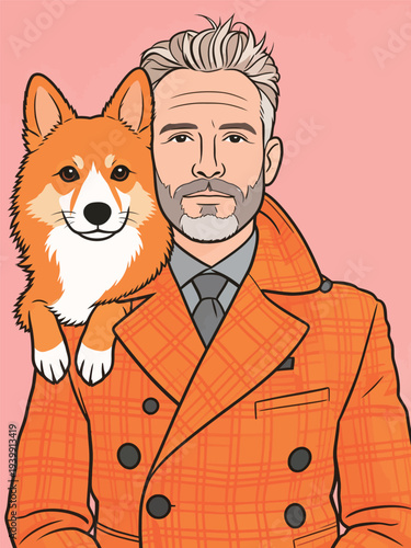 A man and a corgi dog are together. The man wears an orange coat and has gray hair. They are in front of a solid pink backdrop.