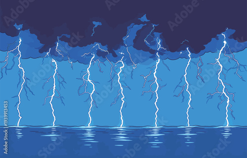 Lightning lights up the sky as dark clouds gather over a large body of water in the evening. The scene shows nature's power and majesty.