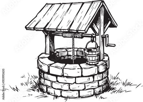 Traditional stone water well with wooden roof bucket pulley rural life historic engineering vector illustration design
