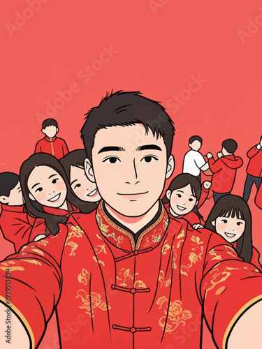 A group of friends smiles and poses for a selfie while dressed in traditional red clothing during a fun celebration.
