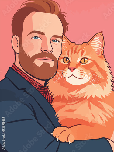 A man with a beard holds an orange cat in his arms. They both look at the viewer. The background is pink.
