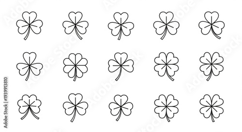 Black outlined four leaf clover illustrations in rows on white background for luck and design