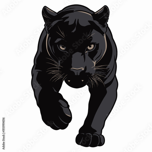 A panther moves quickly on all fours in a forest setting. The sun shines down highlighting its sleek body.