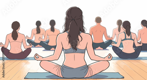 People sit on yoga mats with eyes closed. They focus on breathing and meditation in a bright studio space.