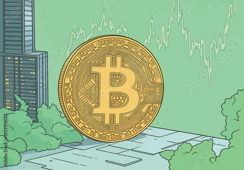 A large bitcoin coin is shown near a tall building. Financial charts with upward trends appear in the background during daytime.