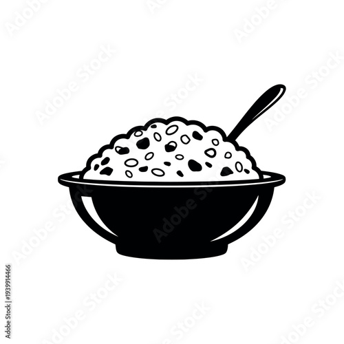 Bowl of Rice with Spoon Black and White Illustration.