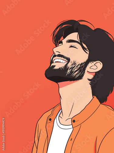 A man smiles widely with a beard and long hair. He wears a white shirt and orange jacket. The background is bright orange.