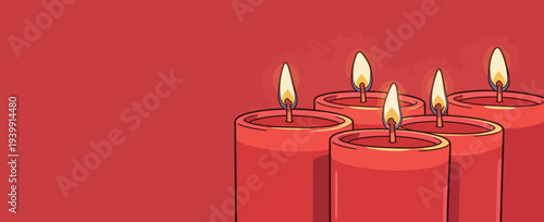 Five red candles are lit and placed close together on a red surface. The flame flickers gently as evening approaches.