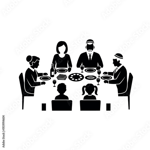 Jewish family celebrating Passover Seder dinner.